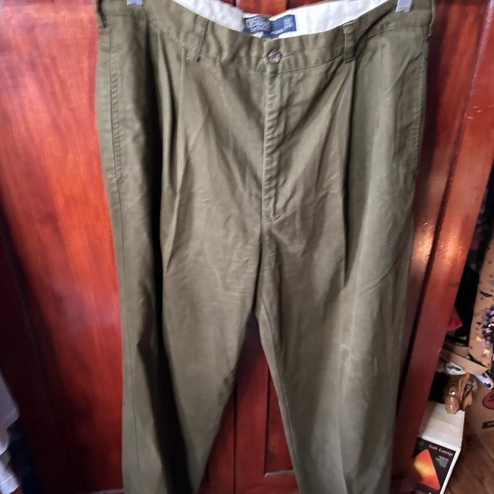 Men's Vintage Cotton Ralph Lauren Hammond Olive Green Pant 36/32 With Cuff .
